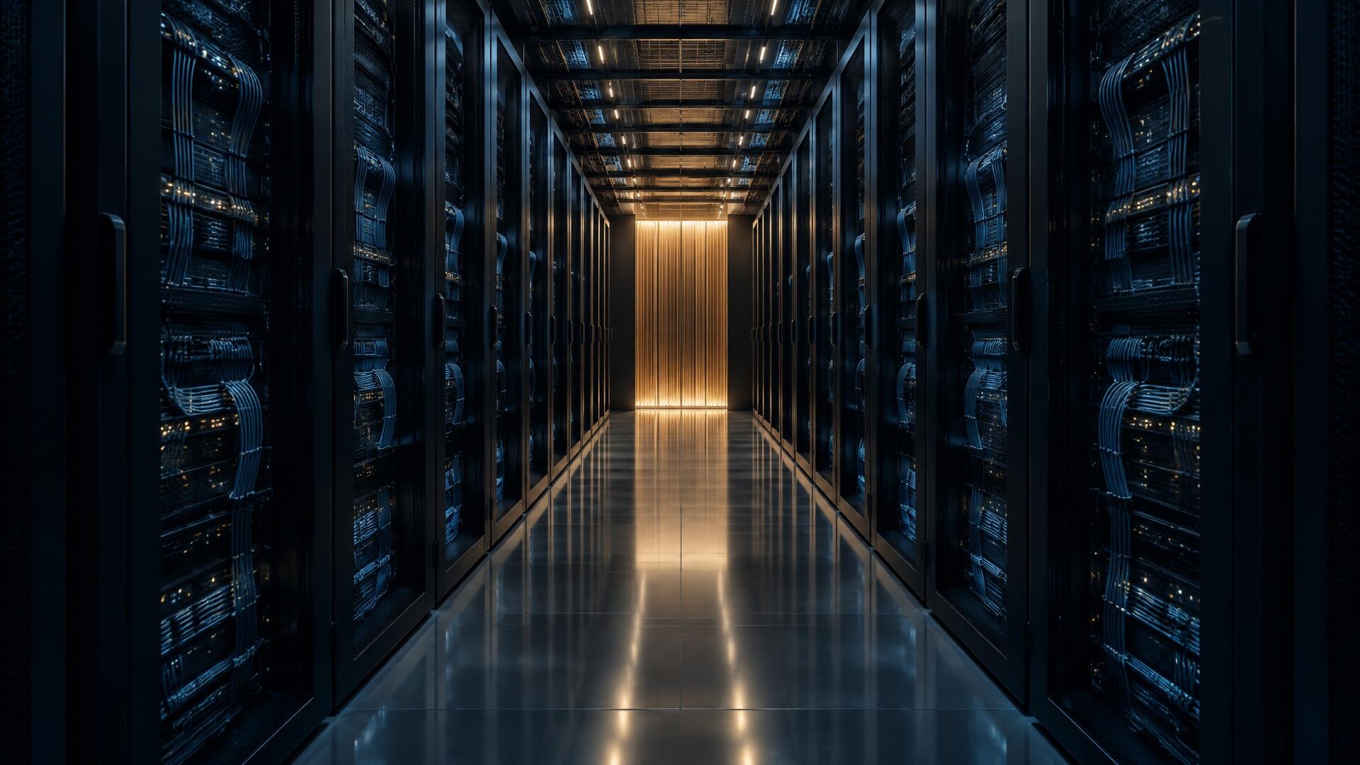 A data centre aisle of server racks lit by warm copper light