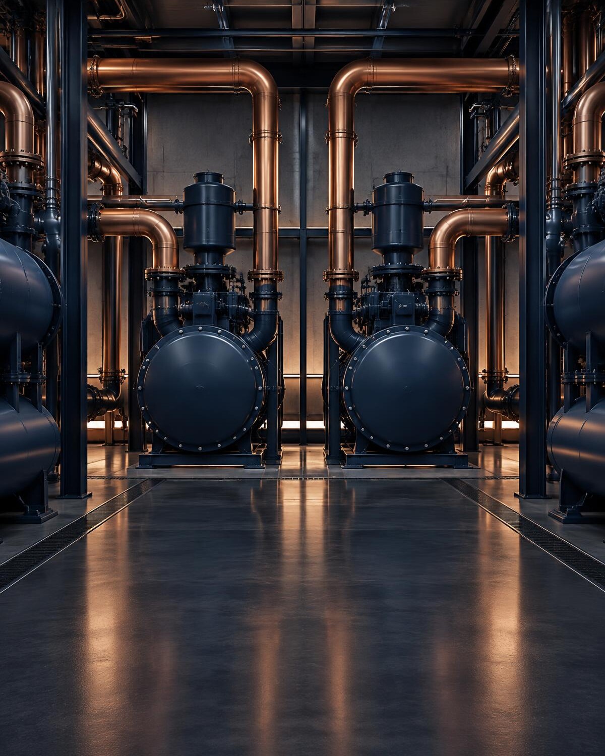 A mechanical plant room with chillers and copper pipework